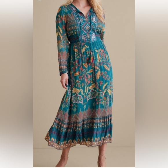 Soft Surroundings Dresses & Skirts - Soft Surroundings Teal Mirapani Embroidered Boho Dress Size P XS